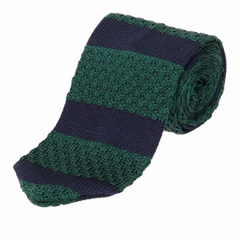 Knit jedwabny zielony / butelkowa zieleń w granatowe paski - krawat dzianinowy zakończony na trójkąt