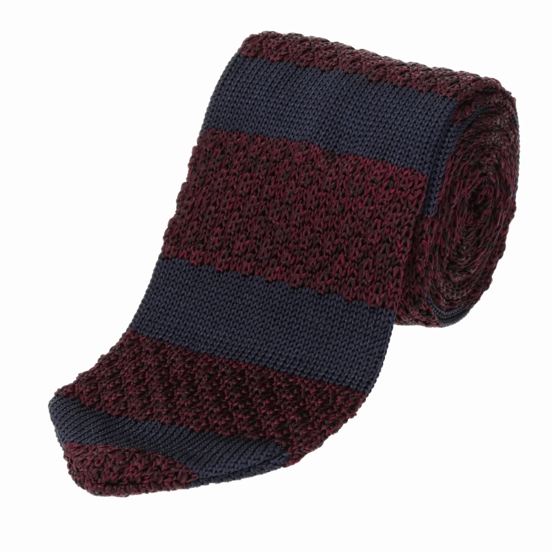 Knit jedwabny bordowy / bakłażanowy w granatowe paski - krawat dzianinowy zakończony na trójkąt EM