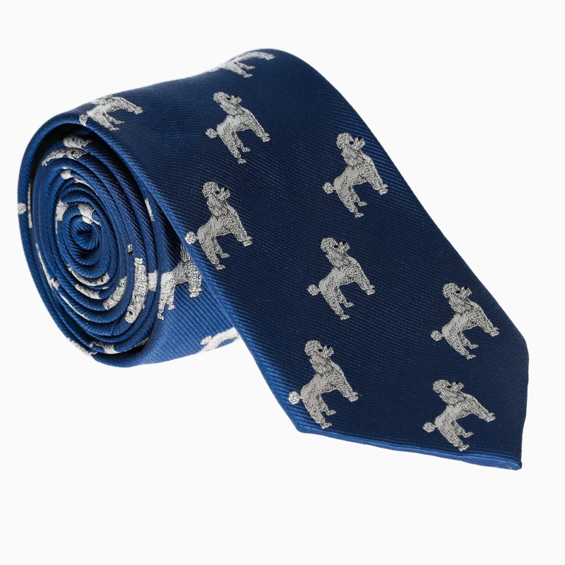 Krawat jedwabny granatowy w pieski - psy - pudle PREMIUM