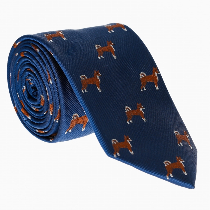 Krawat jedwabny granatowy w pieski - psy - PREMIUM