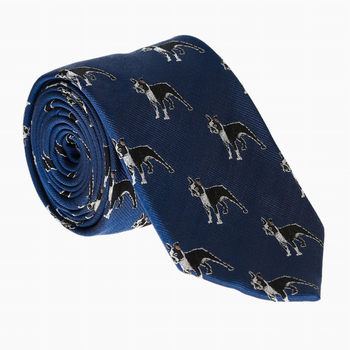 Krawat jedwabny granatowy w pieski - psy - bokser - PREMIUM