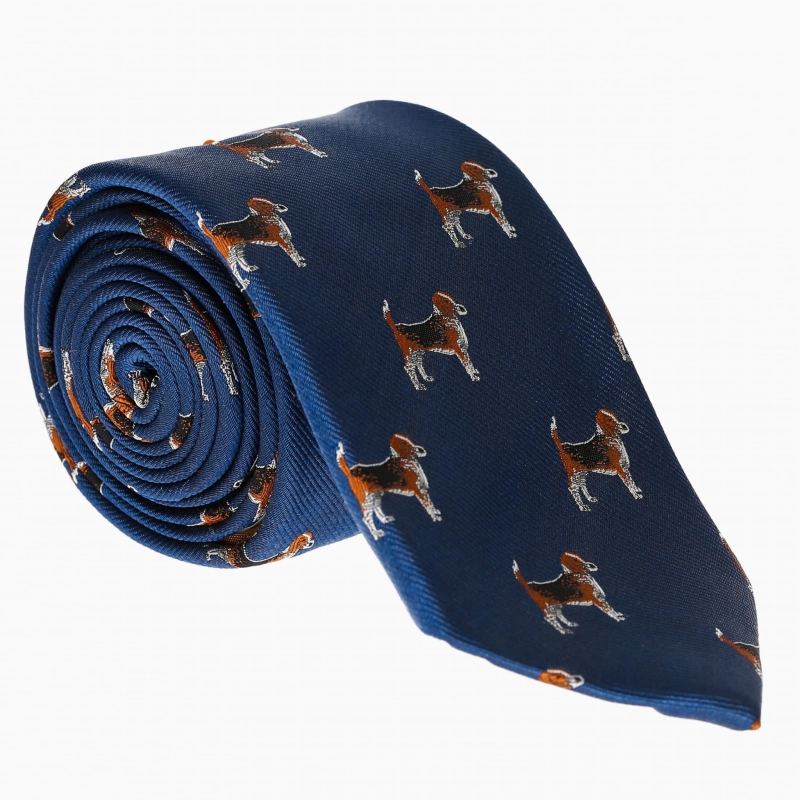 Krawat jedwabny granatowy w pieski - psy - beagle - PREMIUM