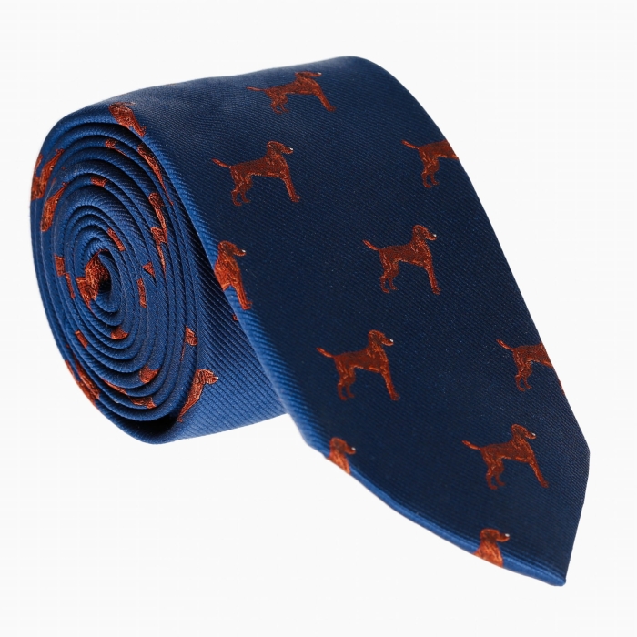 Krawat jedwabny granatowy w pieski - psy - spaniel - PREMIUM