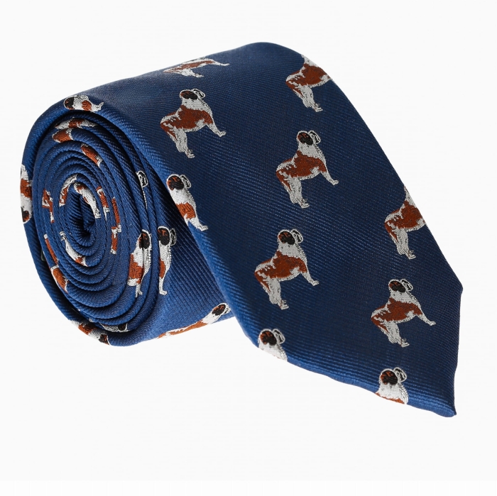 Krawat jedwabny granatowy w pieski - psy - bernardyn - PREMIUM