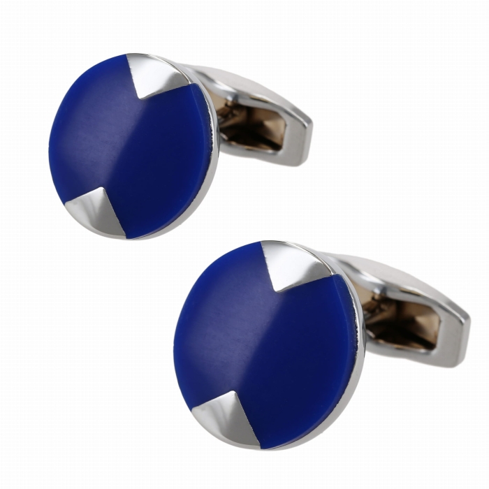 Spinki do mankietów klasyczne okrągłe srebrne / granatowe