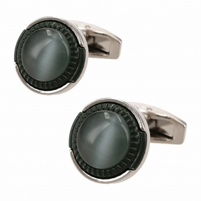 Spinki do mankietów klasyczne okrągłe srebrne z czarno-szarym oczkiem