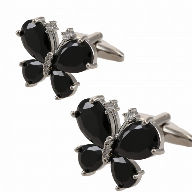 Spinki do mankietów tematyczne srebrne motylki z czarnym kryształkiem