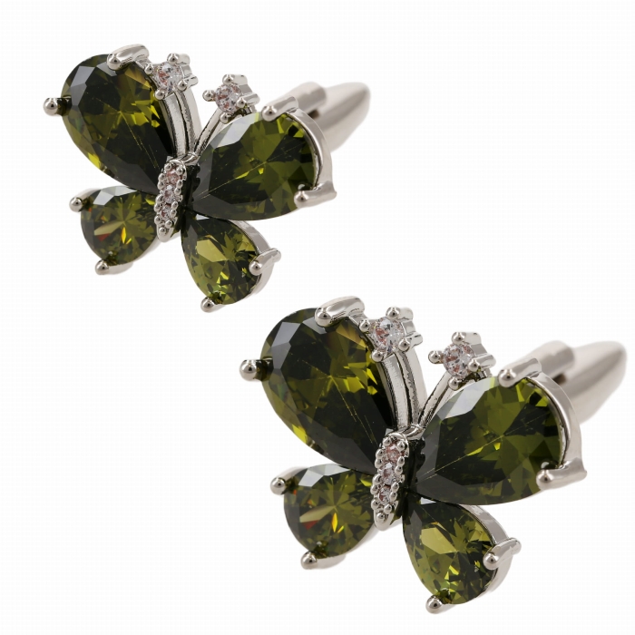 Spinki do mankietów tematyczne srebrne motylki z zielonym kryształkiem