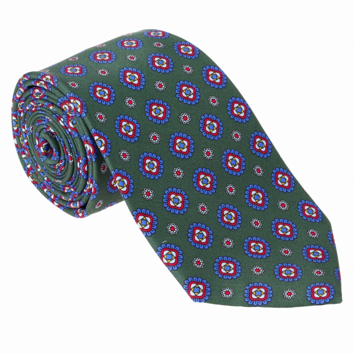 Krawat jedwabny zielony / butelkowa zieleń w eleganckie wzory - niebieskie medaliony - PREMIUM