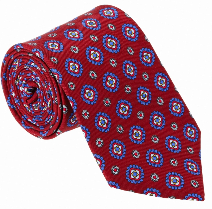Krawat jedwabny bordowy w eleganckie wzory - w niebieskie medaliony - PREMIUM