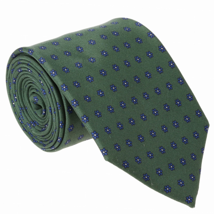 Krawat jedwabny zielony / butelkowa zieleń w eleganckie wzory / kwiatki - PREMIUM