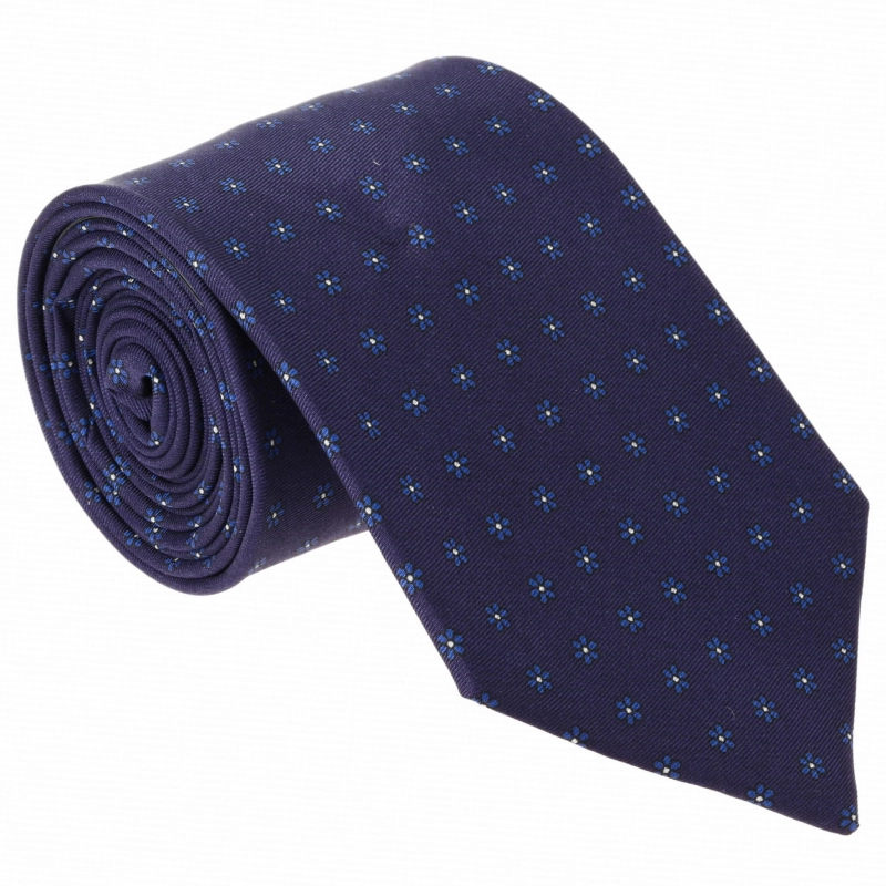 Krawat jedwabny granatowy w eleganckie wzory / kwiatki - PREMIUM