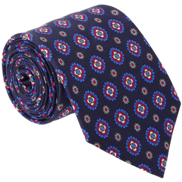 Krawat jedwabny granatowy w eleganckie wzory - niebieskie medialiony - PREMIUM