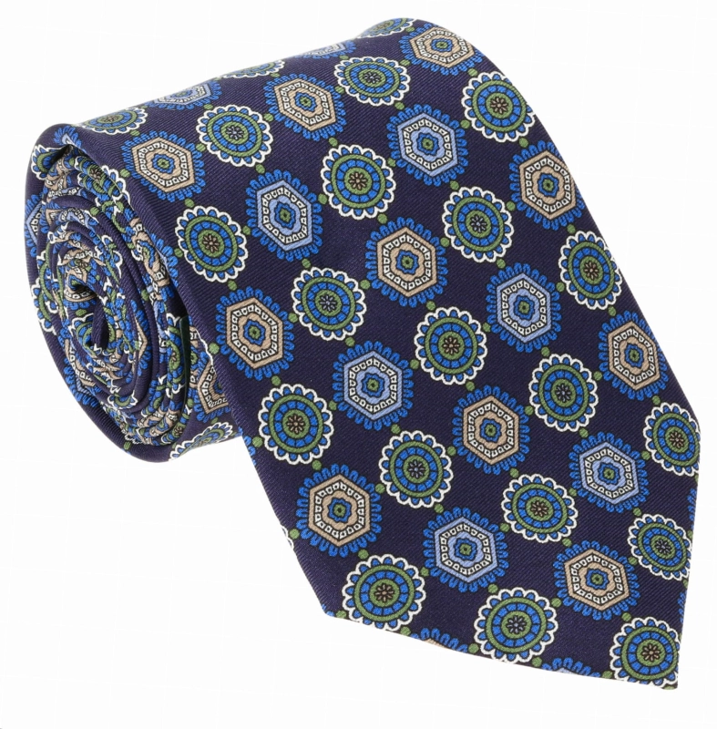 Krawat jedwabny granatowy w eleganckie wzory - niebieskie medialiony - PREMIUM