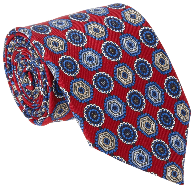 Krawat jedwabny bordowy w eleganckie wzory - niebieskie medialiony - PREMIUM