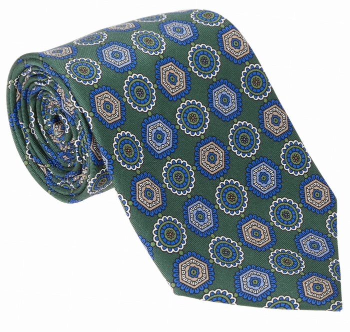 Krawat jedwabny zielony / butelkowa zieleń w eleganckie wzory - niebieskie medialiony - PREMIUM