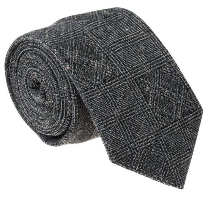 Krawat lniany szary w kratę EM - PREMIUM