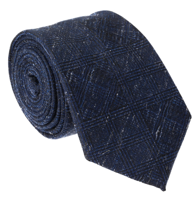 Krawat lniany granatowy w kratę EM - PREMIUM