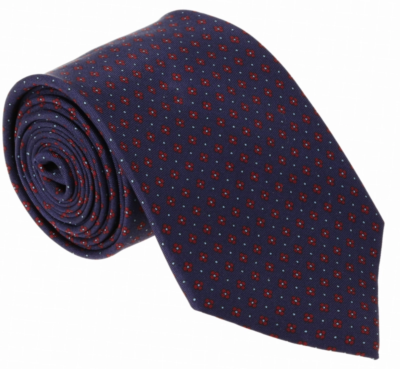 Krawat jedwabny granatowy w eleganckie wzory / kwiatki - PREMIUM