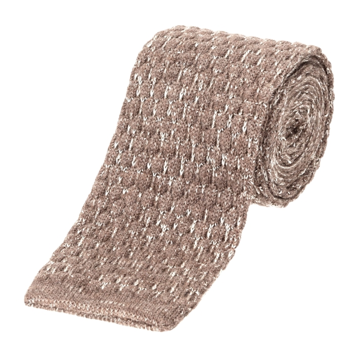 Knit beżowy / kremowy gładki z fakturą wykonany z wełny i jedwabiu - krawat dzianinowy zakończony na równo