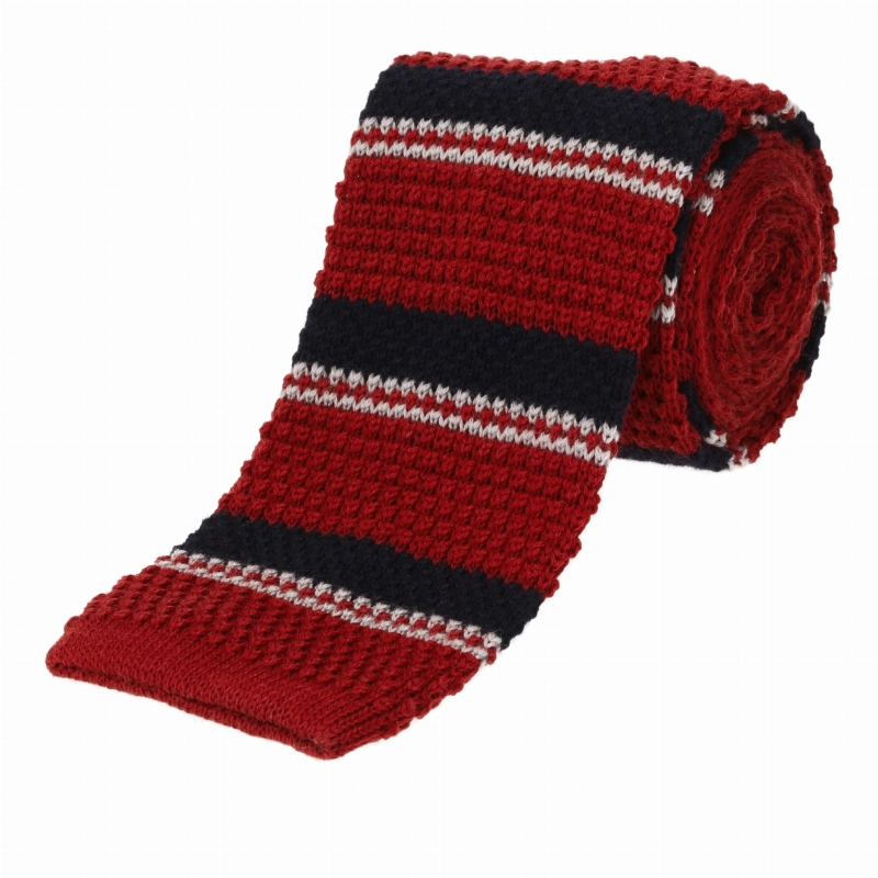 Knit wełniany czerwony w paski - krawat dzianinowy zakończony na równo