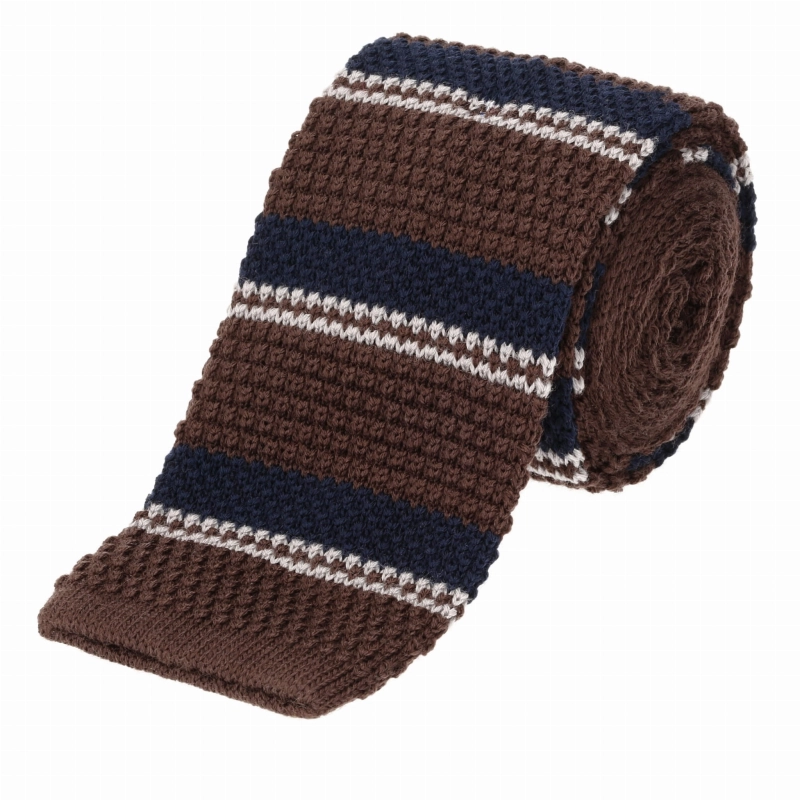 Knit wełniany brązowy w paski - krawat dzianinowy zakończony na równo