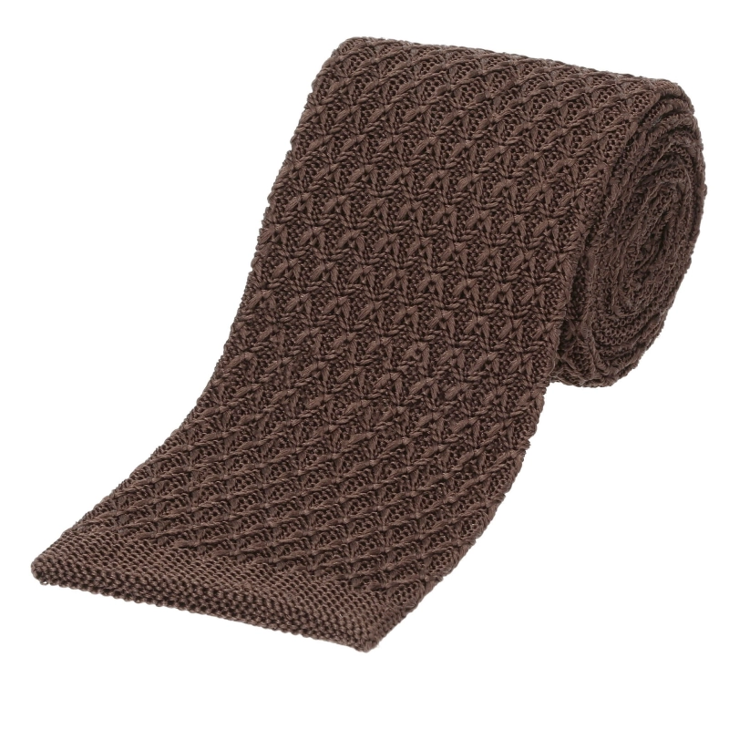Knit brązowy gładki jedwabny - krawat dzianinowy zakończony na równo