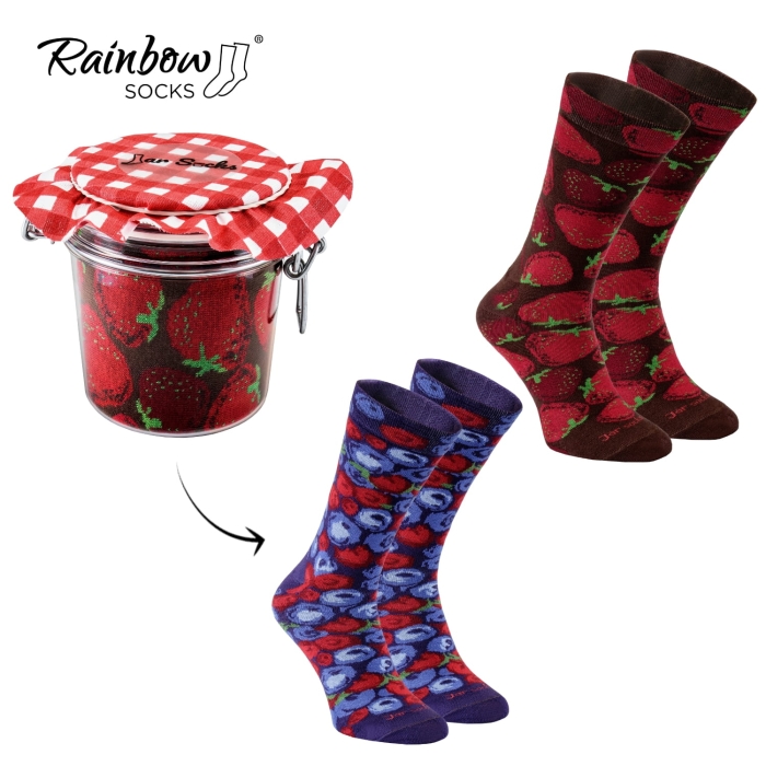 Zestaw prezentowy ze skarpetkami: skarpetki w słoiku - truskawki i borówki - 2 pary