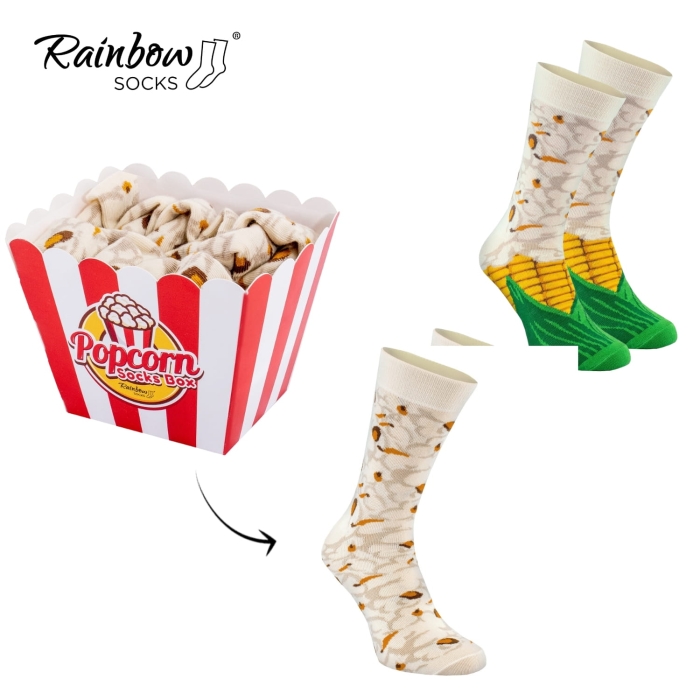 Zestaw prezentowy ze skarpetkami: skarpetki w pudełku - kukurydza popcorn - 2 pary