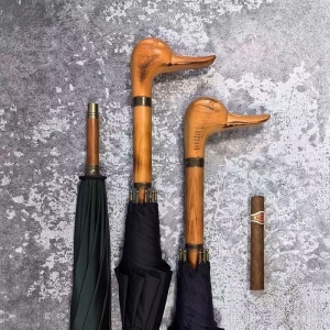 Parasol - długi - granatowy gładki - z rączką kaczki - 1129 - PREMIUM COLLECTION