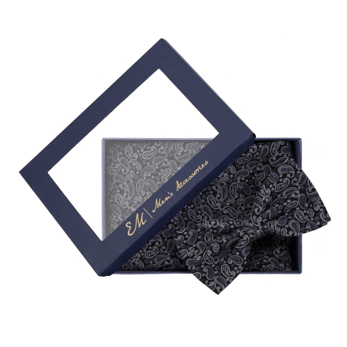 Zestaw prezentowy dla mężczyzny w kolorze granatowo-szarym: mucha + poszetka zapakowane w pudełko