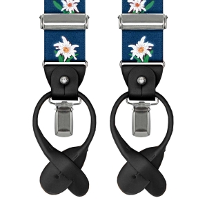 Szelki granatowe w kwiatki zapinane na guziki z wykończeniem skórzanym w kolorze czarnym