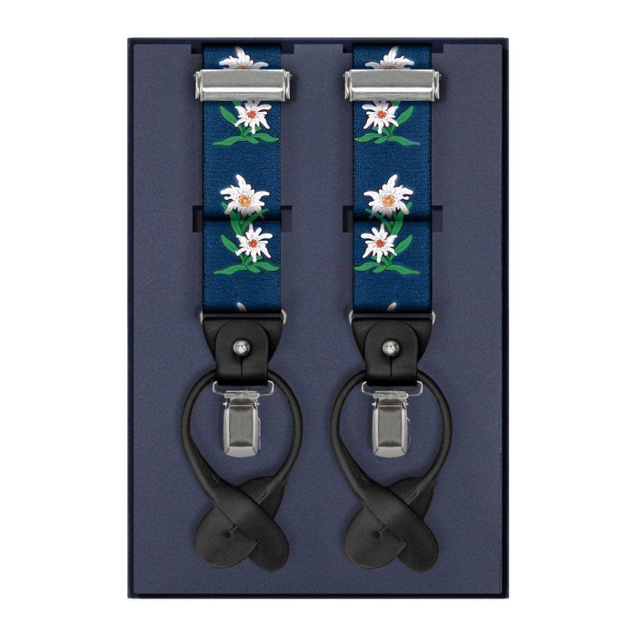 Szelki granatowe w kwiatki zapinane na guziki z wykończeniem skórzanym w kolorze czarnym