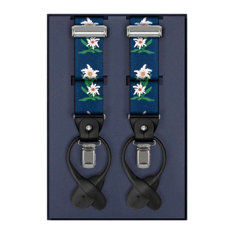 Szelki granatowe w kwiatki zapinane na guziki z wykończeniem skórzanym w kolorze czarnym