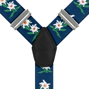 Szelki granatowe w kwiatki zapinane na guziki z wykończeniem skórzanym w kolorze czarnym