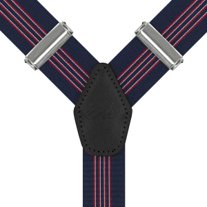 Szelki granatowe w paski zapinane na guziki z wykończeniem skórzanym w kolorze czarnym