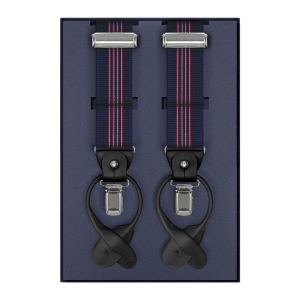 Szelki granatowe w paski zapinane na guziki z wykończeniem skórzanym w kolorze czarnym