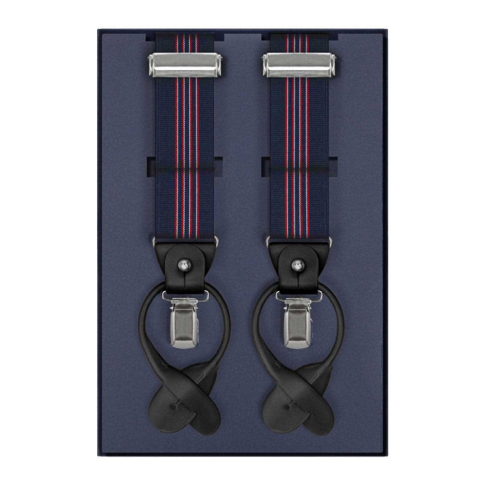 Szelki granatowe w paski zapinane na guziki z wykończeniem skórzanym w kolorze czarnym