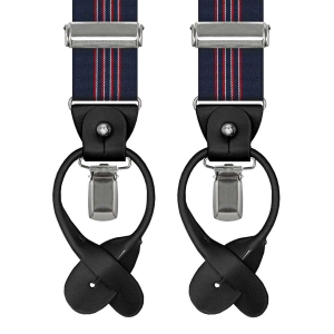 Szelki granatowe w paski zapinane na guziki z wykończeniem skórzanym w kolorze czarnym