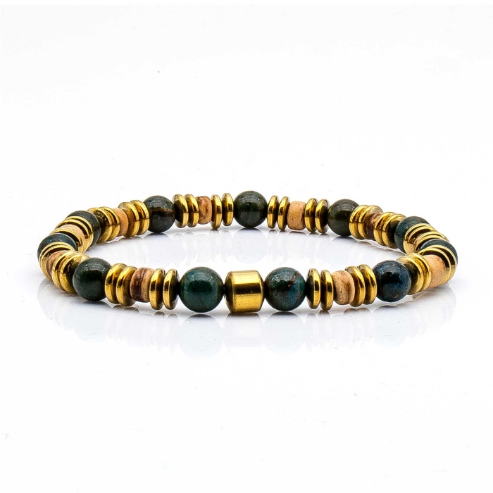 Bransoletka złota / zielona - koraliki - kamienie naturalne jadeit