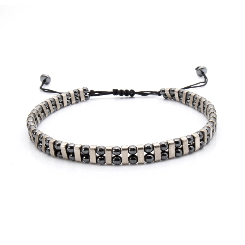 Bransoletka srebrna / grafitowa - koraliki z możliwością regulacji - kamienie naturalne hematyt