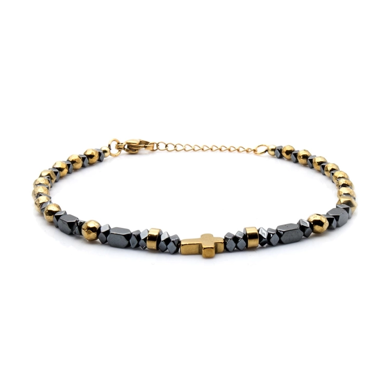 Bransoletka złota / srebrna - koraliki z możliwością regulacji + krzyżyk - stal szlachetna