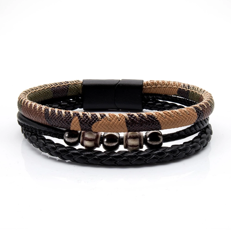 Bransoletka skórzana czarno - brązowa -zielona - skóra naturalna i koraliki
