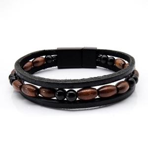 Bransoletka skórzana czarno - brązowa - skóra naturalna + koraliki