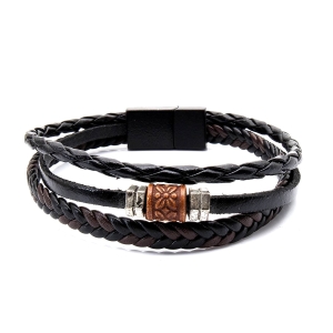 Bransoletka skórzana czarno - brązowa - skóra naturalna + koralik