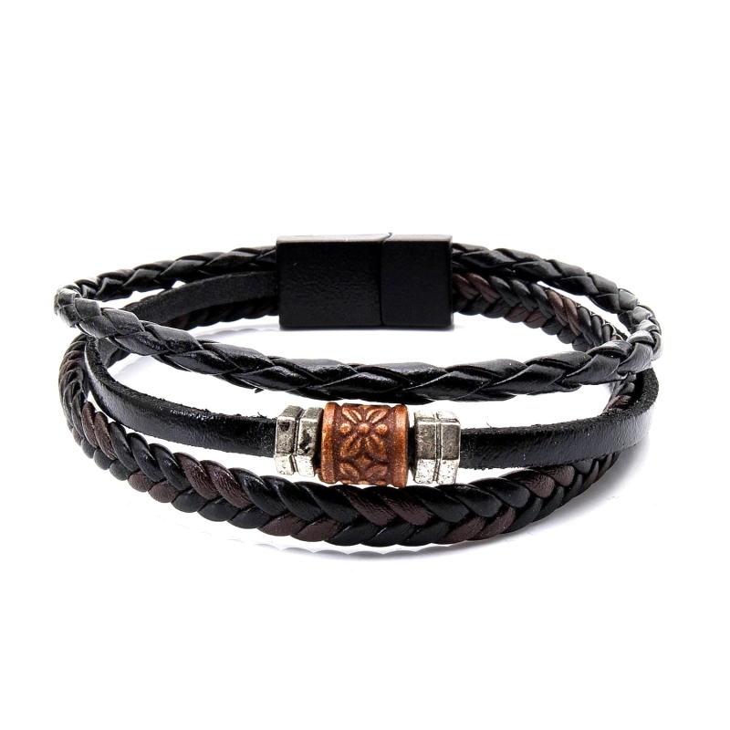 Bransoletka skórzana czarno - brązowa - skóra naturalna + koralik