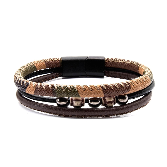 Bransoletka skórzana brązowo -zielona - skóra naturalna i koraliki