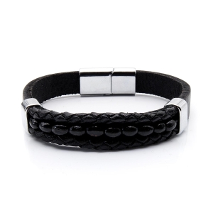 Bransoletka skórzana czarna - skóra naturalna - rzemyki + koralik