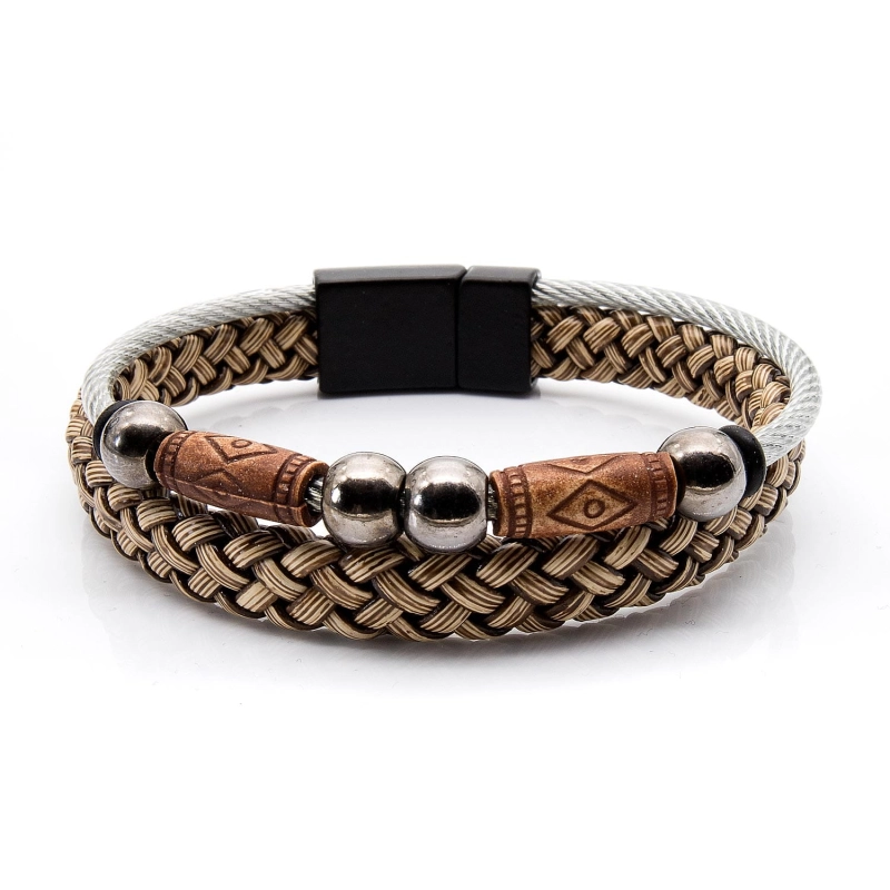 Bransoletka skórzana beżowa - skóra naturalna + koraliki