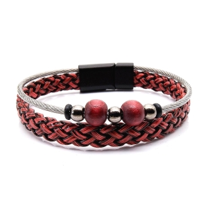 Bransoletka skórzana czerwona - skóra naturalna + koraliki